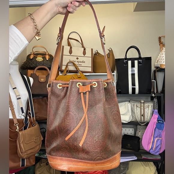 Vintage Etro Paisley Bucket Bag | Made in Italy | Leather Trim Large Drawstring - Picture 1 of 14